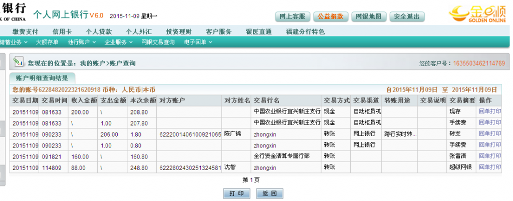 11月9日惠州客戶匯款160元至農行卡